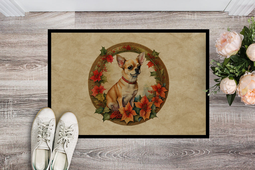 Chihuahua Christmas Flowers Doormat Indoor Outdoor 18H X 27W Front Door Mat Rugs for Entryway, Non Slip Washable