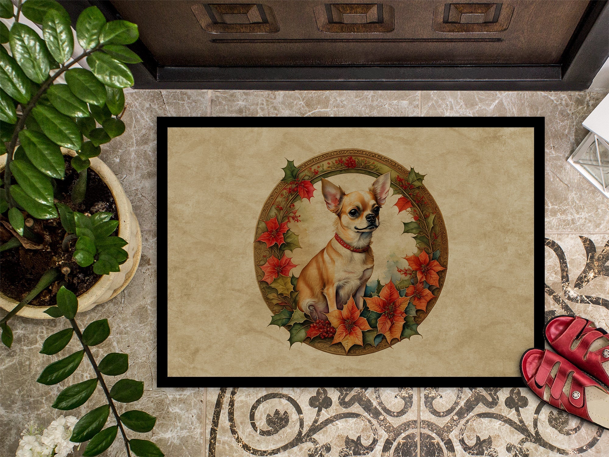 Chihuahua Christmas Flowers Doormat Indoor Outdoor 18H X 27W Front Door Mat Rugs for Entryway, Non Slip Washable