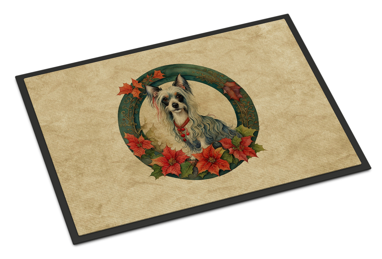 Chinese Crested Christmas Flowers Doormat Indoor Outdoor 18H X 27W Front Door Mat Rugs for Entryway, Non Slip Washable