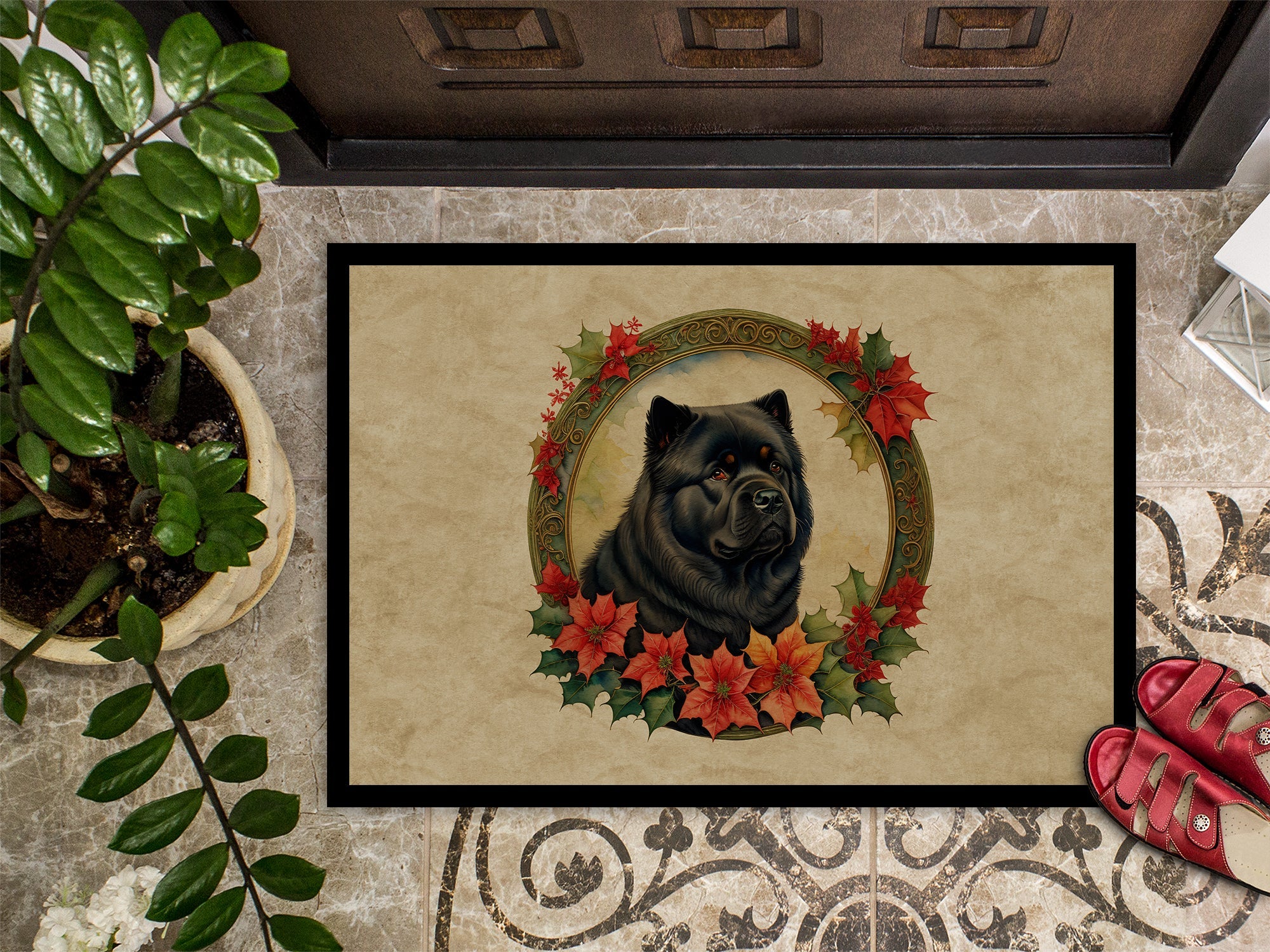 Chow Chow Christmas Flowers Doormat Indoor Outdoor 24H X 36W Front Door Mat Rugs for Entryway, Non Slip Washable Low Pile,
