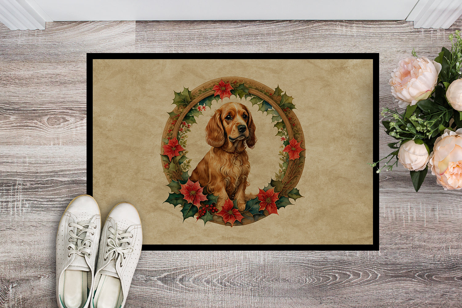 Cocker Spaniel Christmas Flowers Doormat Indoor Outdoor 18H X 27W Front Door Mat Rugs for Entryway, Non Slip Washable
