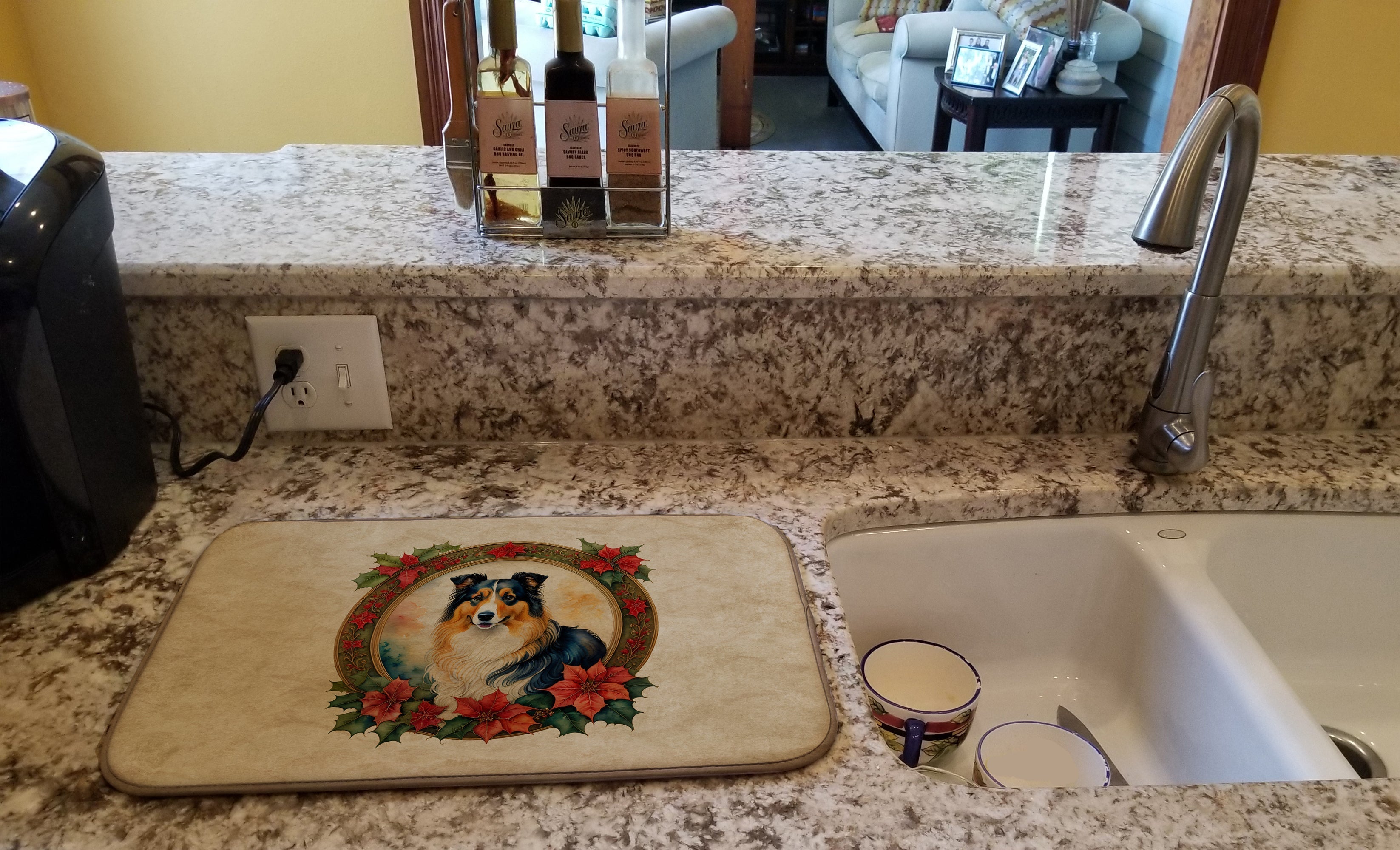 Collie Christmas Flowers Dish Drying Mat Absorbent Dish Drying Mat Pad for Kitchen Counter Dish Drainer Mat for Countertop, 14 x 21", Multicolor