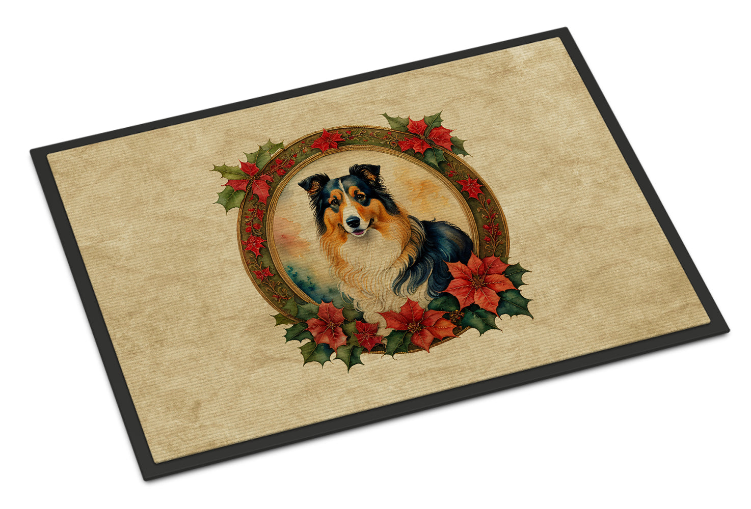 Collie Christmas Flowers Doormat Indoor Outdoor 24H X 36W Front Door Mat Rugs for Entryway, Non Slip Washable Low Pile,