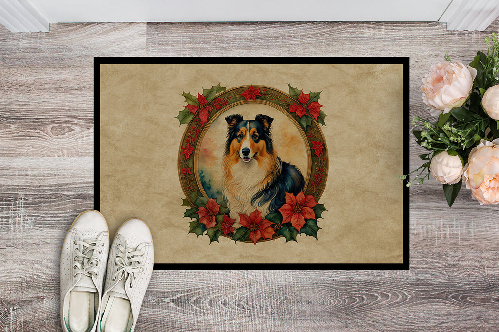 Collie Christmas Flowers Doormat Indoor Outdoor 18H X 27W Front Door Mat Rugs for Entryway, Non Slip Washable