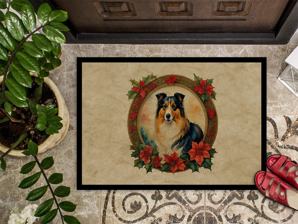 Collie Christmas Flowers Doormat Indoor Outdoor 18H X 27W Front Door Mat Rugs for Entryway, Non Slip Washable