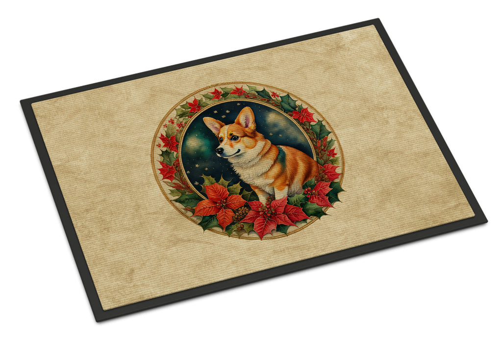 Corgi Christmas Flowers Doormat Indoor Outdoor 24H X 36W Front Door Mat Rugs for Entryway, Non Slip Washable Low Pile,