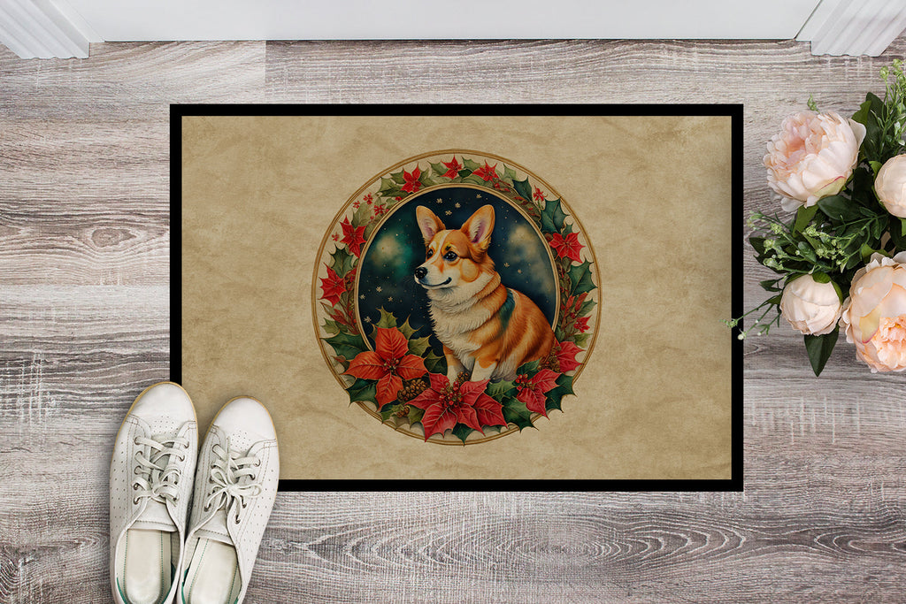 Corgi Christmas Flowers Doormat Indoor Outdoor 24H X 36W Front Door Mat Rugs for Entryway, Non Slip Washable Low Pile,