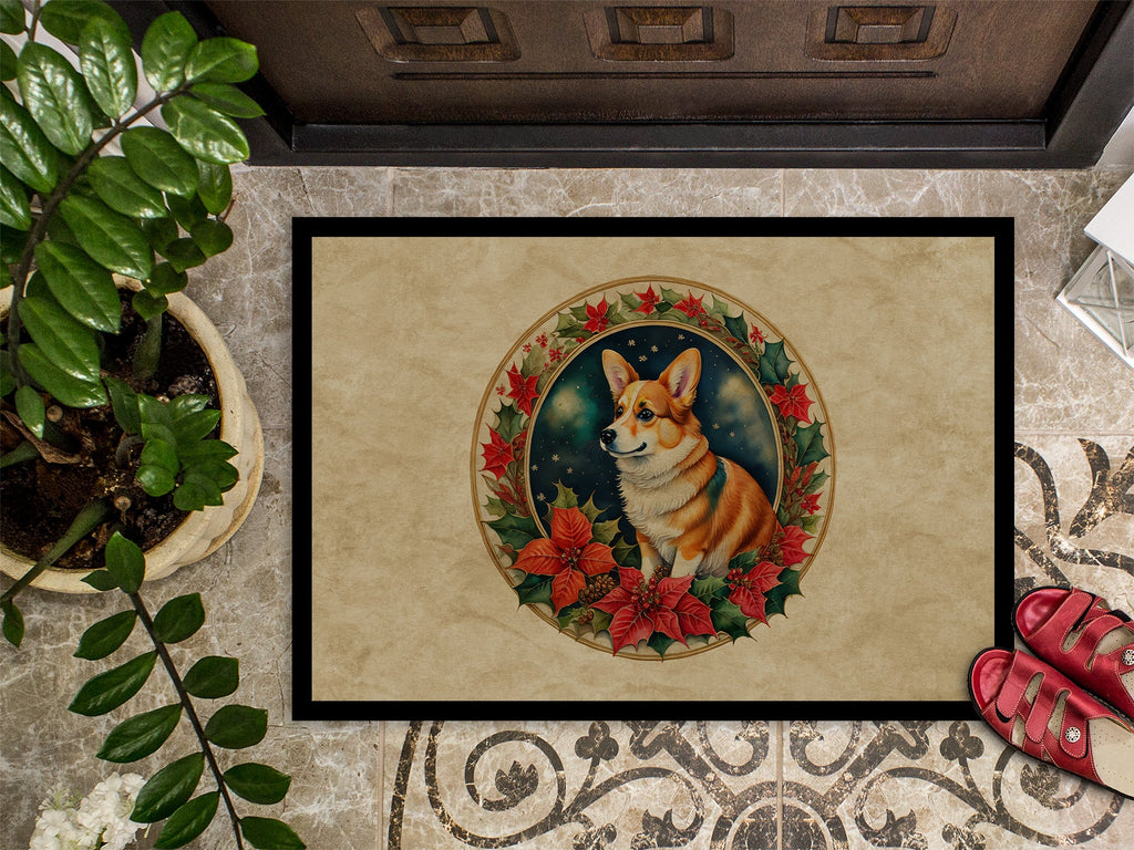 Corgi Christmas Flowers Doormat Indoor Outdoor 18H X 27W Front Door Mat Rugs for Entryway, Non Slip Washable