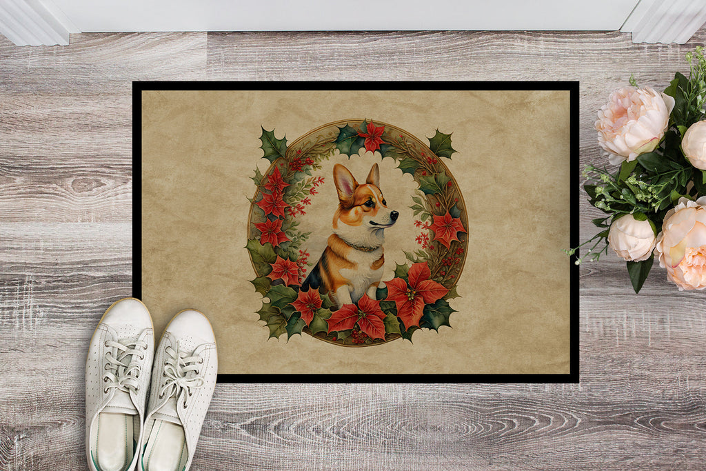 Corgi Christmas Flowers Doormat Indoor Outdoor 24H X 36W Front Door Mat Rugs for Entryway, Non Slip Washable Low Pile,