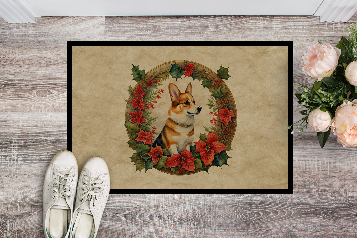 Corgi Christmas Flowers Doormat Indoor Outdoor 24H X 36W Front Door Mat Rugs for Entryway, Non Slip Washable Low Pile,