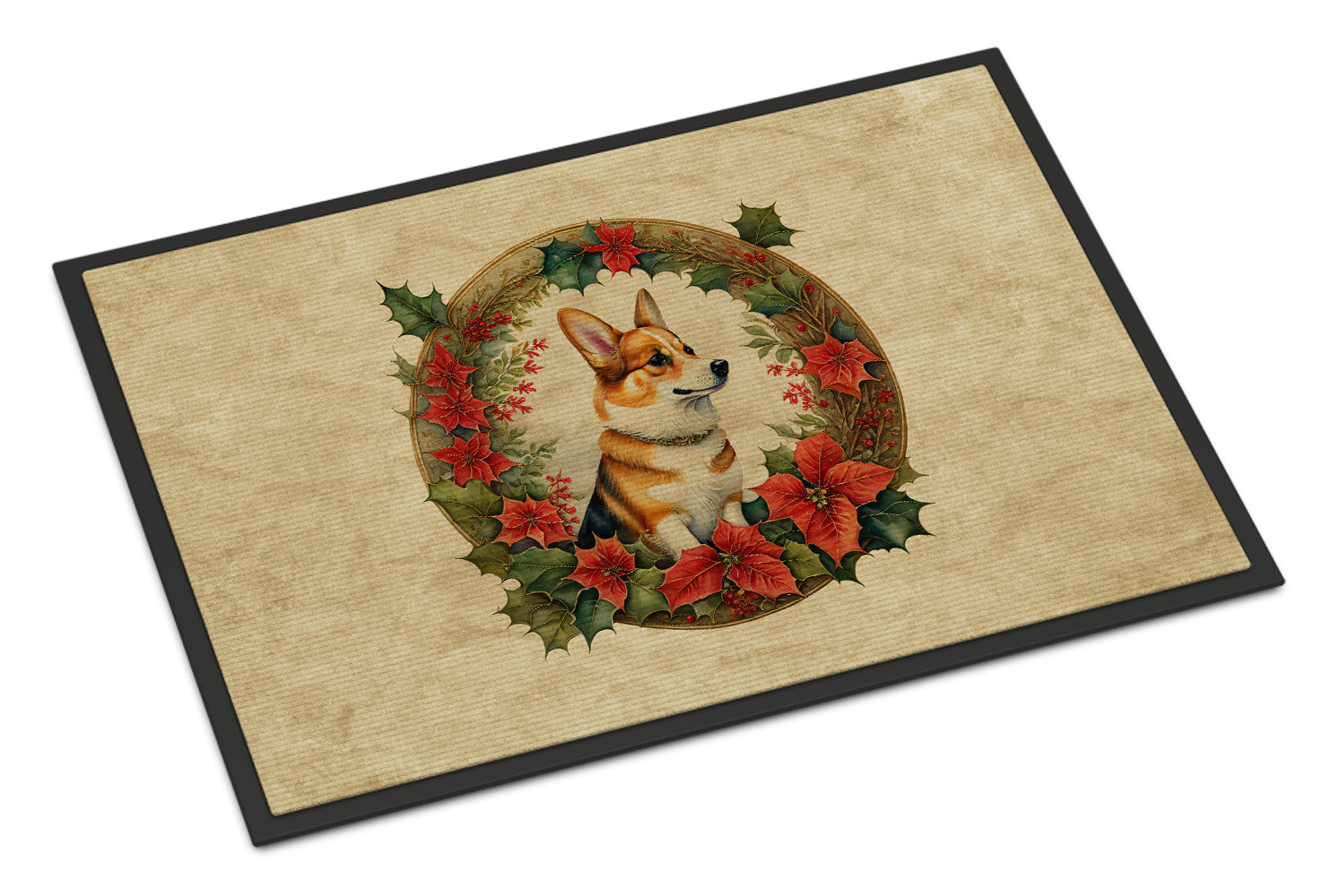 Corgi Christmas Flowers Doormat Indoor Outdoor 18H X 27W Front Door Mat Rugs for Entryway, Non Slip Washable
