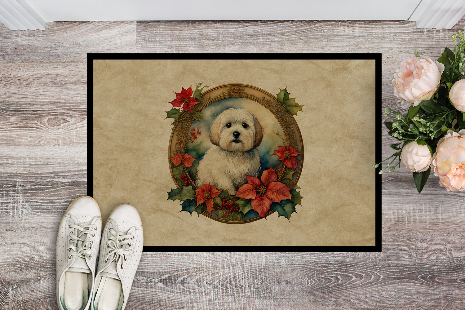 Coton De Tulear Christmas Flowers Doormat Indoor Outdoor 18H X 27W Front Door Mat Rugs for Entryway, Non Slip Washable
