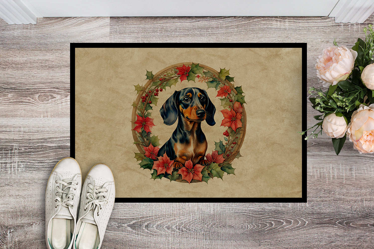 Dachshund Christmas Flowers Doormat Indoor Outdoor 24H X 36W Front Door Mat Rugs for Entryway, Non Slip Washable Low Pile,