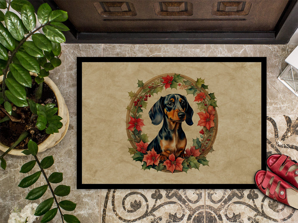 Dachshund Christmas Flowers Doormat Indoor Outdoor 24H X 36W Front Door Mat Rugs for Entryway, Non Slip Washable Low Pile,