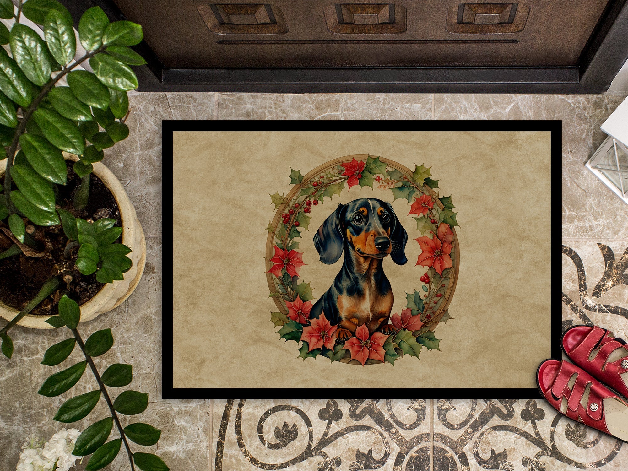 Dachshund Christmas Flowers Doormat Indoor Outdoor 24H X 36W Front Door Mat Rugs for Entryway, Non Slip Washable Low Pile,