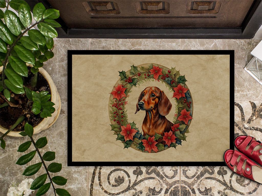 Dachshund Christmas Flowers Doormat Indoor Outdoor 18H X 27W Front Door Mat Rugs for Entryway, Non Slip Washable