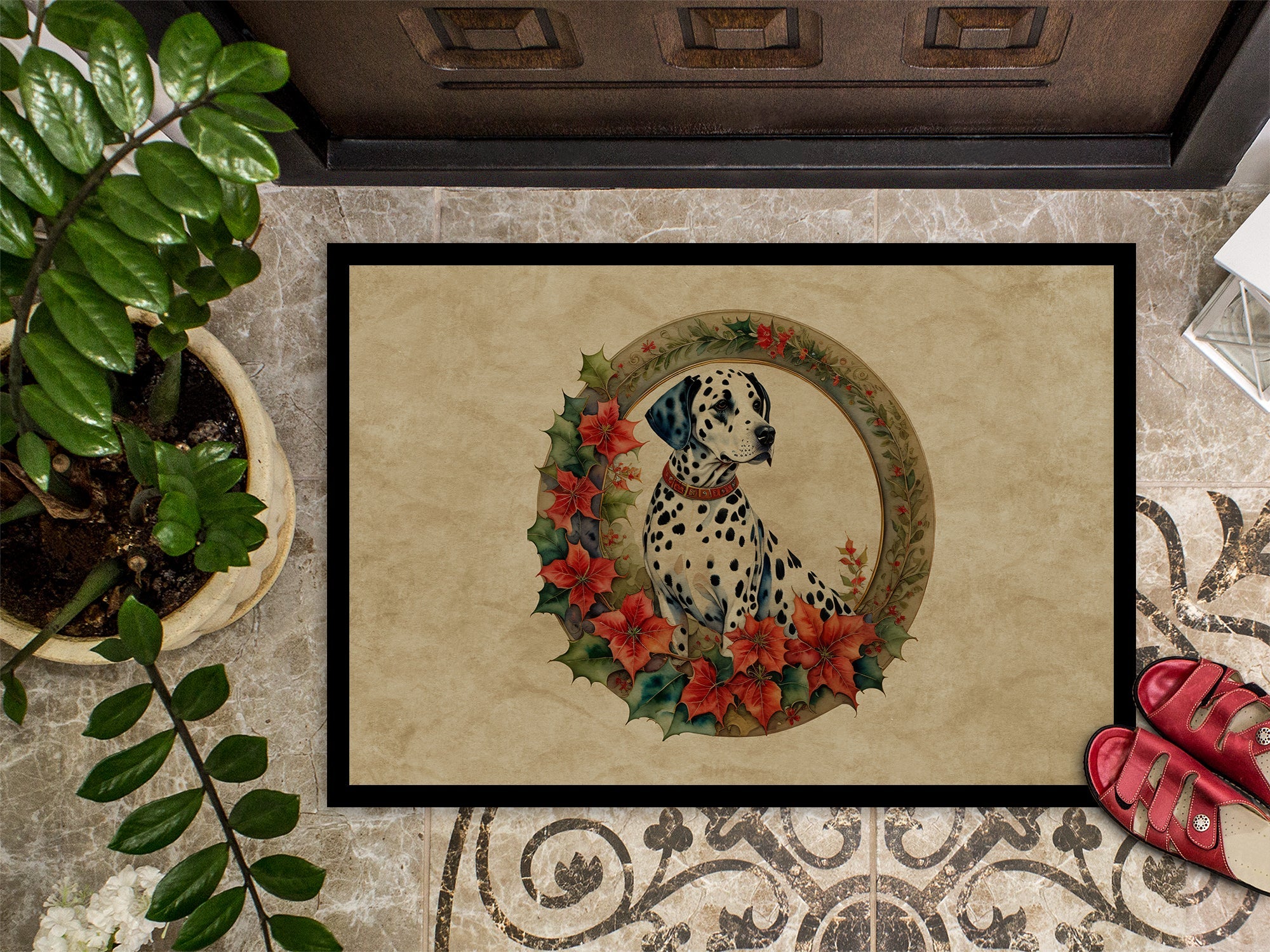 Dalmatian Christmas Flowers Doormat Indoor Outdoor 24H X 36W Front Door Mat Rugs for Entryway, Non Slip Washable Low Pile,