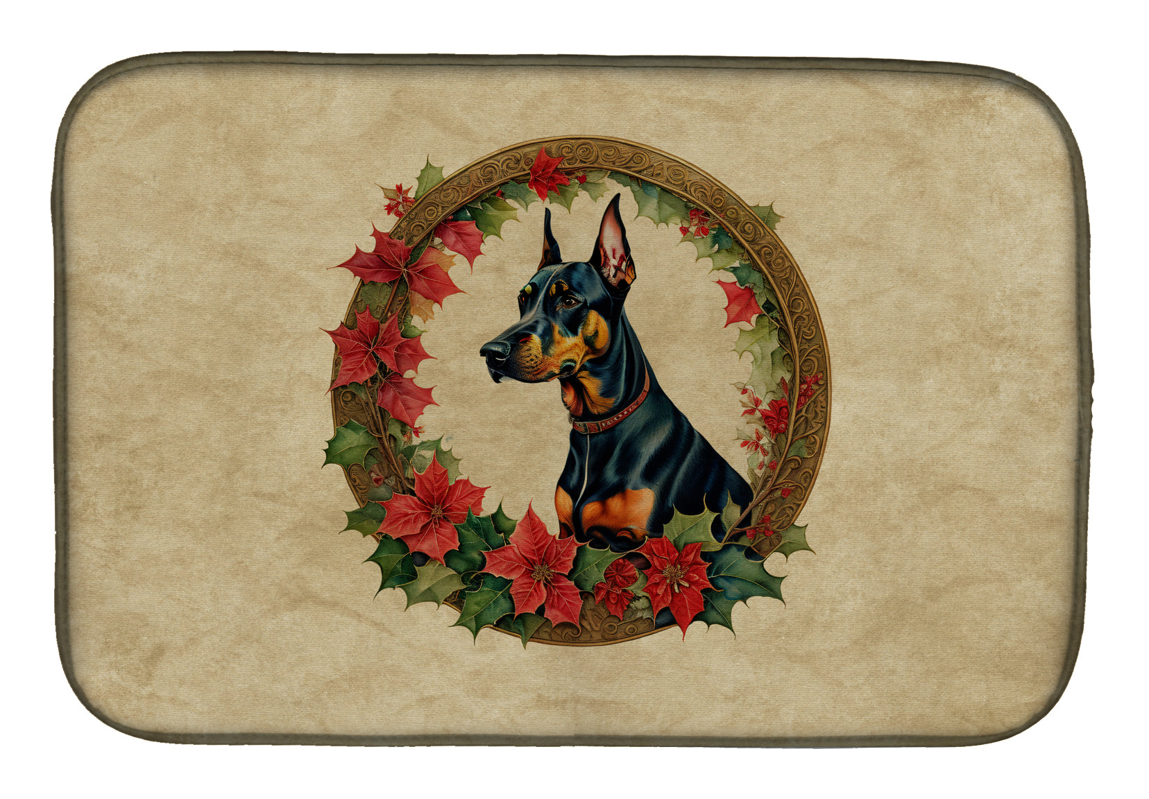 Doberman Pinscher Christmas Flowers Dish Drying Mat Absorbent Dish Drying Mat Pad for Kitchen Counter Dish Drainer Mat for Countertop, 14 x 21", Multicolor