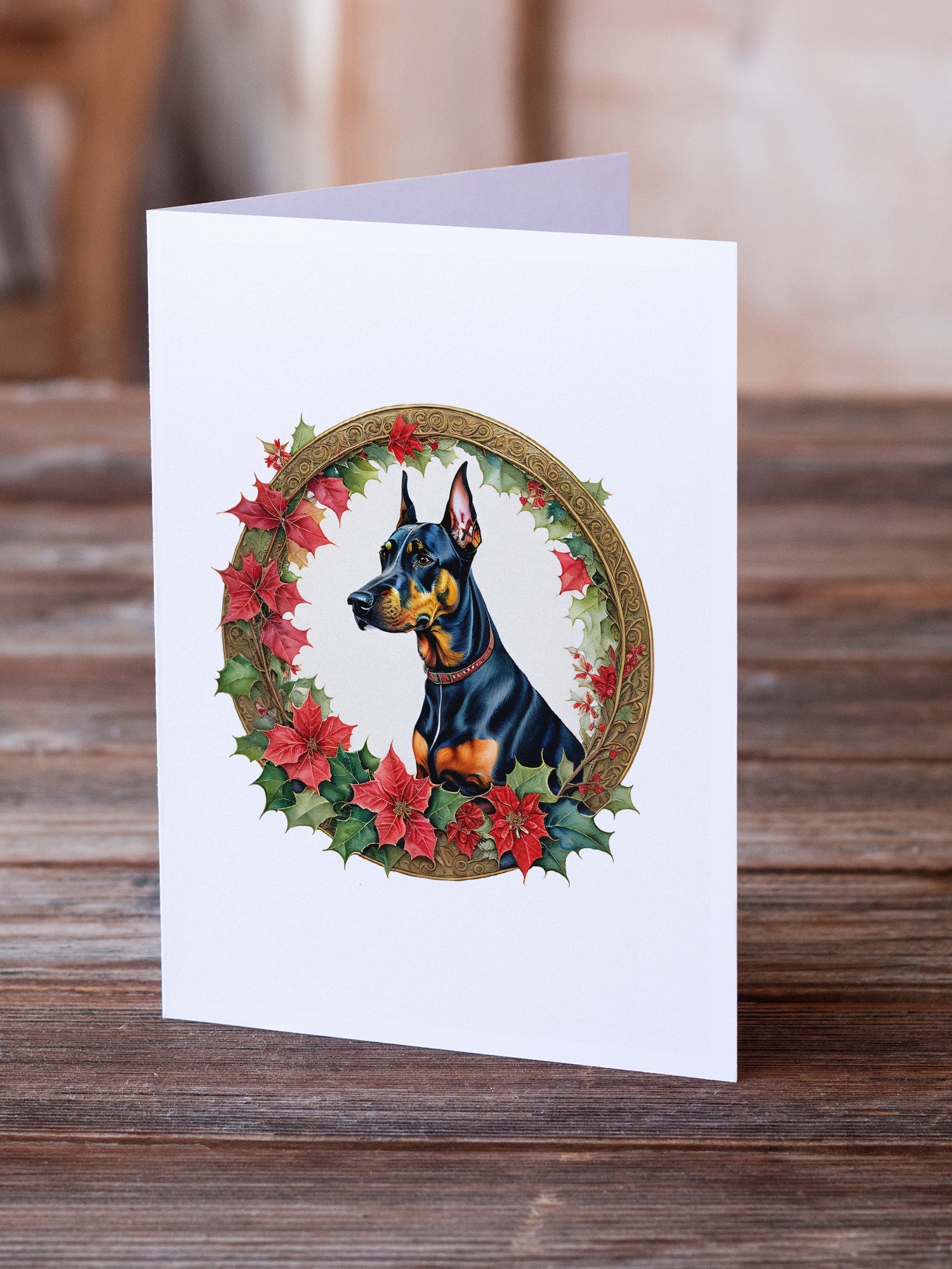 Doberman Pinscher Christmas Flowers Greeting Cards Pack of 8 Blank Cards with Envelopes Whimsical A7 Size 5x7