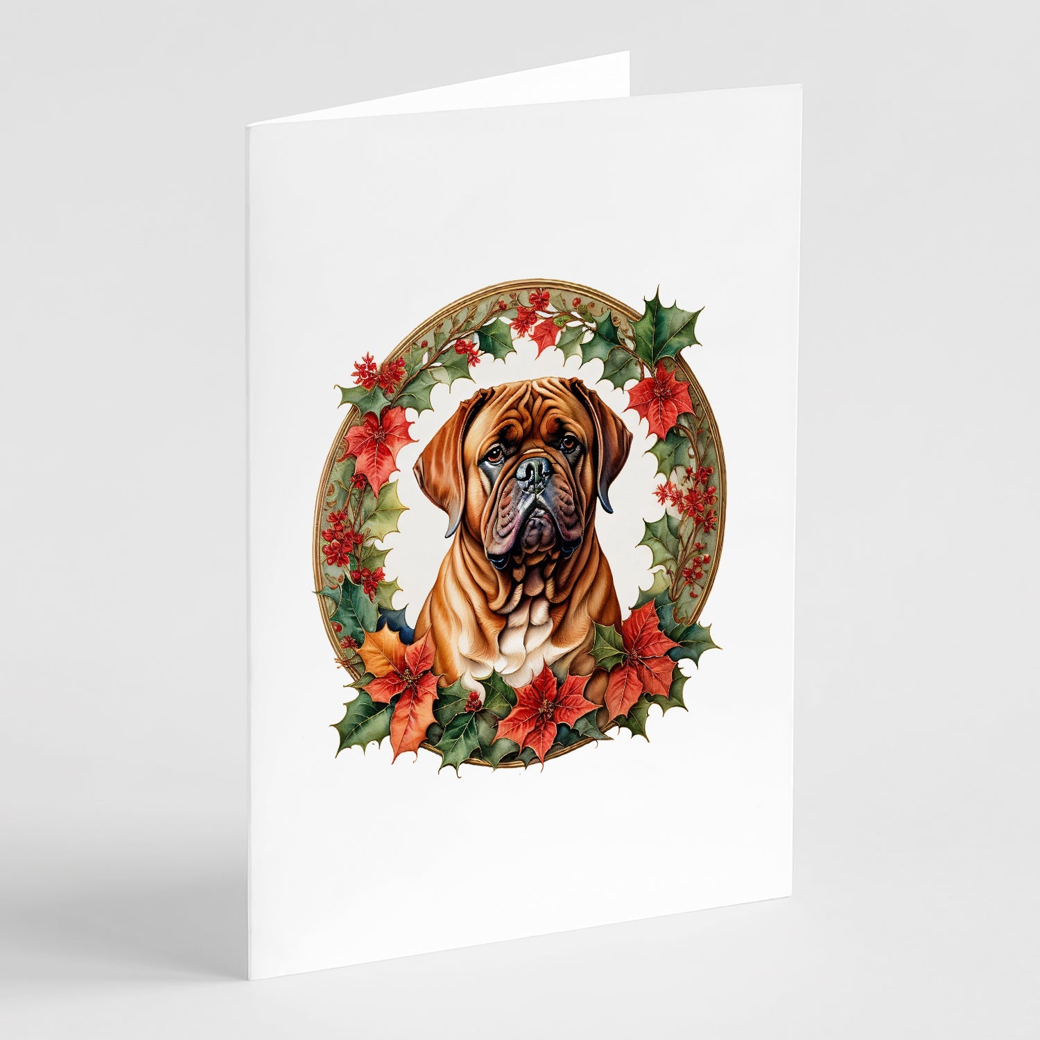 Dogue de Bordeaux Christmas Flowers Greeting Cards Pack of 8 Blank Cards with Envelopes Whimsical A7 Size 5x7
