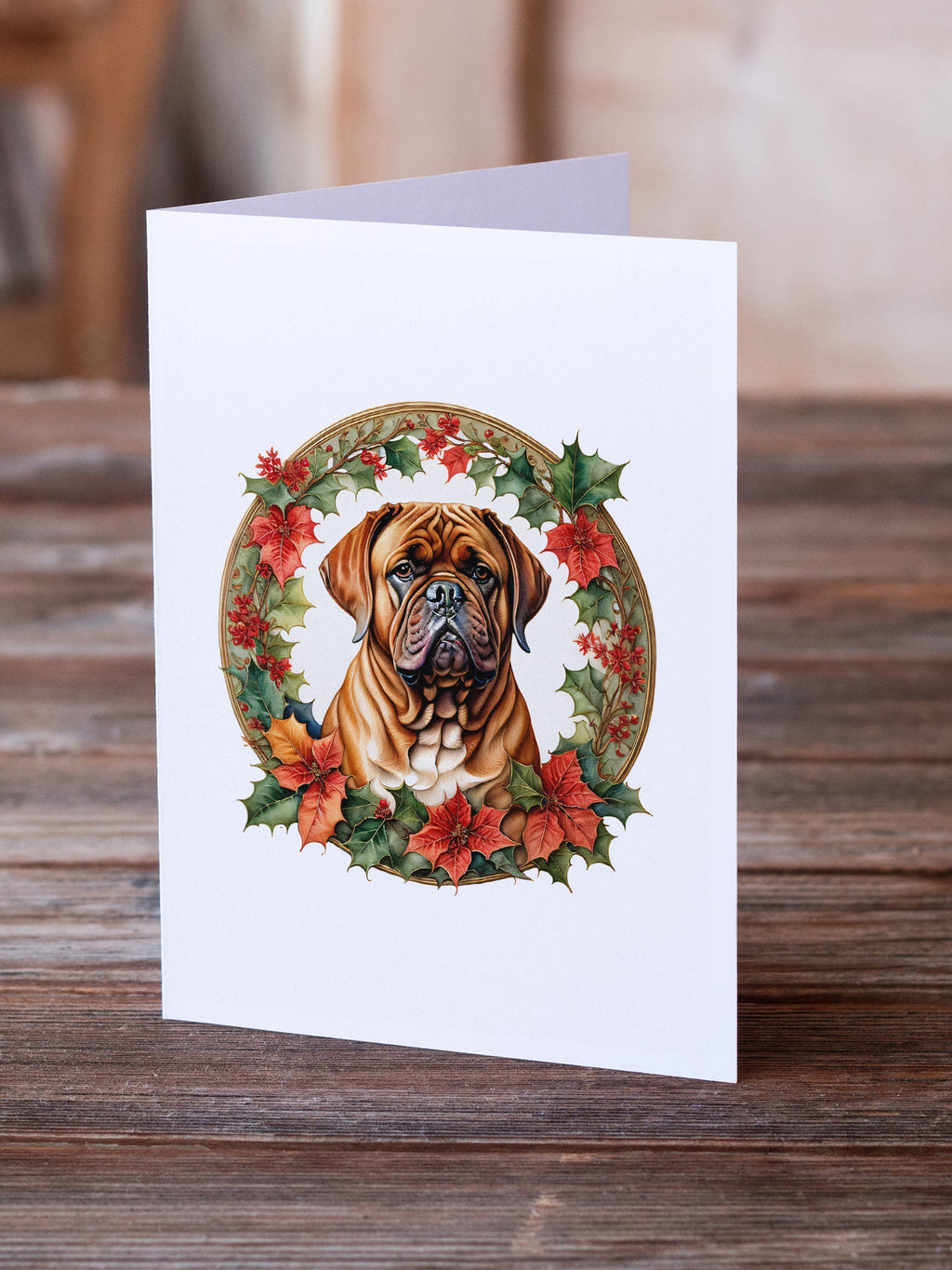 Dogue de Bordeaux Christmas Flowers Greeting Cards Pack of 8 Blank Cards with Envelopes Whimsical A7 Size 5x7