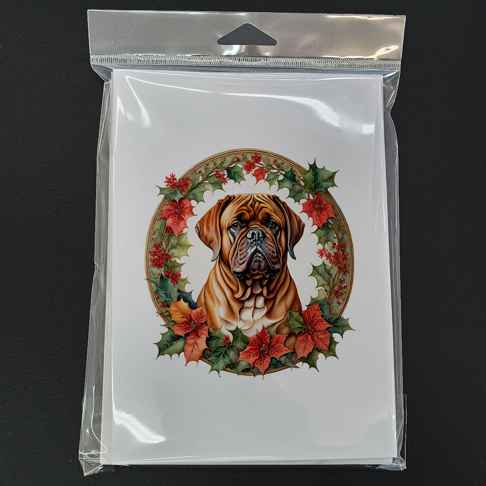 Dogue de Bordeaux Christmas Flowers Greeting Cards Pack of 8 Blank Cards with Envelopes Whimsical A7 Size 5x7