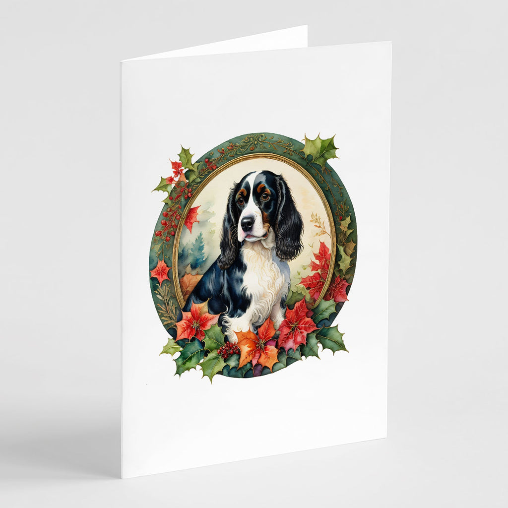 English Springer Spaniel Christmas Flowers Greeting Cards Pack of 8 Blank Cards with Envelopes Whimsical A7 Size 5x7