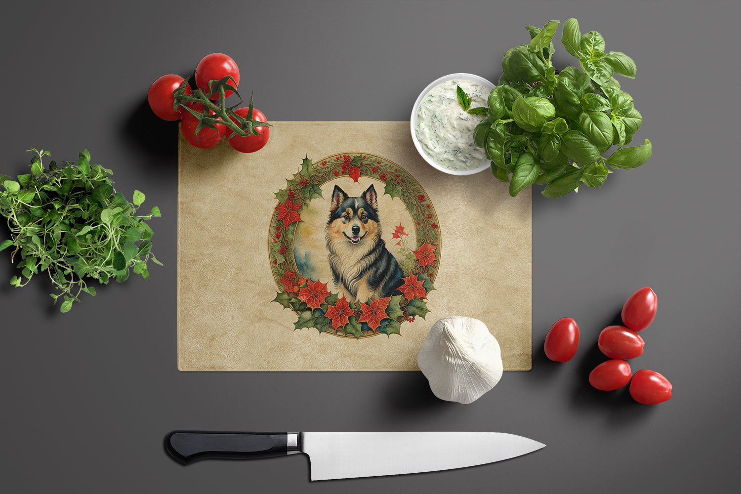 Finnish Lapphund Christmas Flowers Cutting Board Tempered Glass Kitchen Cutting Surface, Heat Resistant Chopping, Non-Slip Feet, Food Prep & Serving