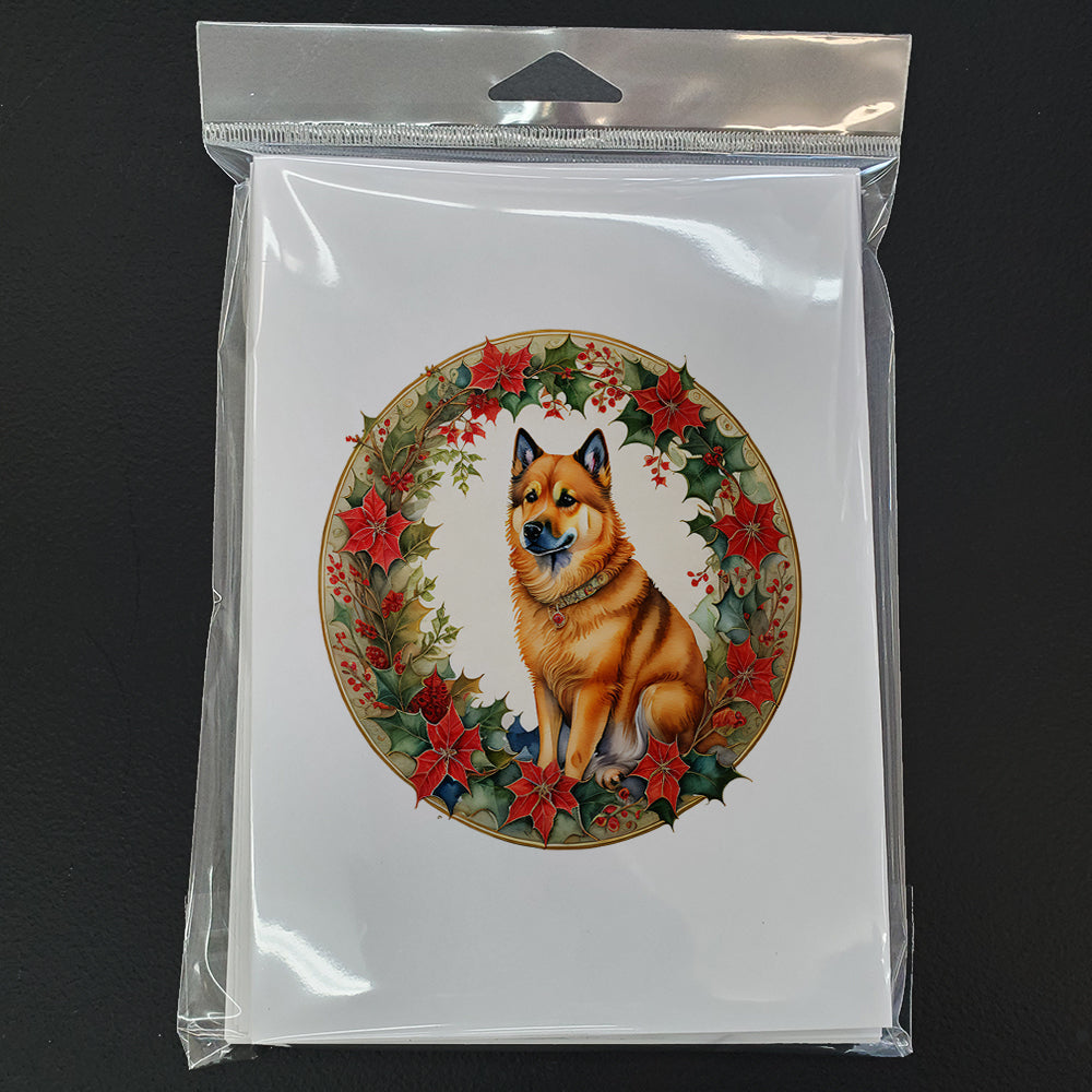 Finnish Spitz Christmas Flowers Greeting Cards Pack of 8 Blank Cards with Envelopes Whimsical A7 Size 5x7