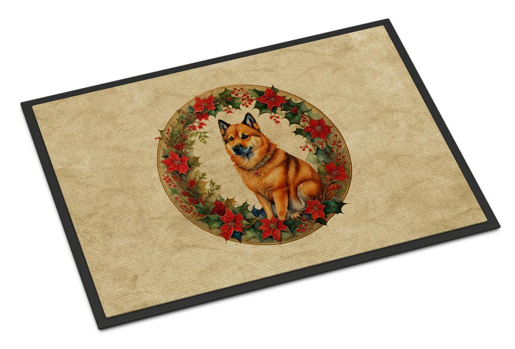 Finnish Spitz Christmas Flowers Doormat Indoor Outdoor 18H X 27W Front Door Mat Rugs for Entryway, Non Slip Washable