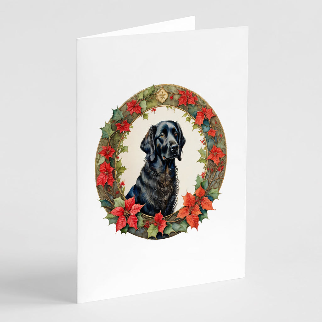 Flat-Coated Retriever Christmas Flowers Greeting Cards Pack of 8 Blank Cards with Envelopes Whimsical A7 Size 5x7