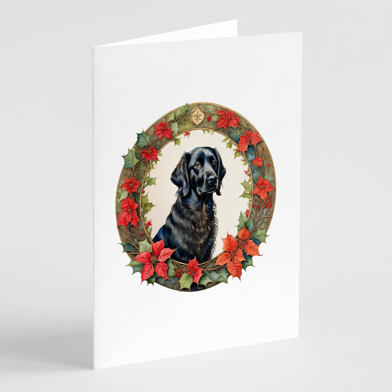 Flat-Coated Retriever Christmas Flowers Greeting Cards Pack of 8 Blank Cards with Envelopes Whimsical A7 Size 5x7