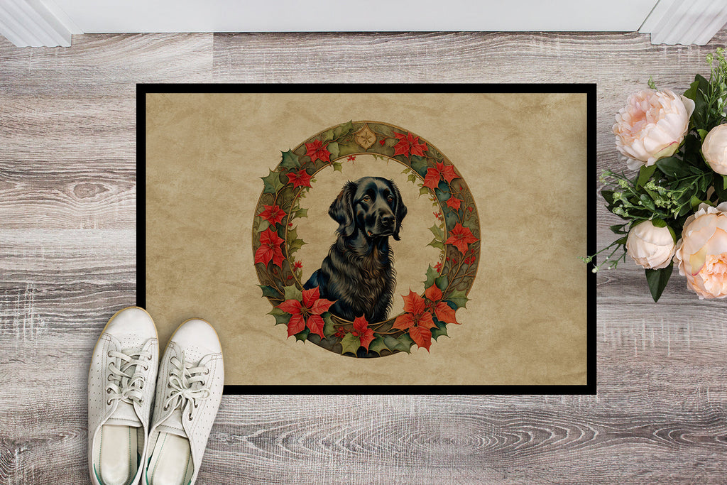 Flat-Coated Retriever Christmas Flowers Doormat Indoor Outdoor 18H X 27W Front Door Mat Rugs for Entryway, Non Slip Washable