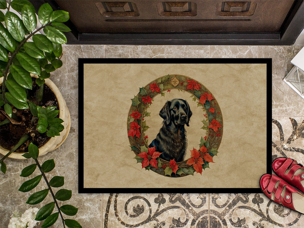 Flat-Coated Retriever Christmas Flowers Doormat Indoor Outdoor 18H X 27W Front Door Mat Rugs for Entryway, Non Slip Washable