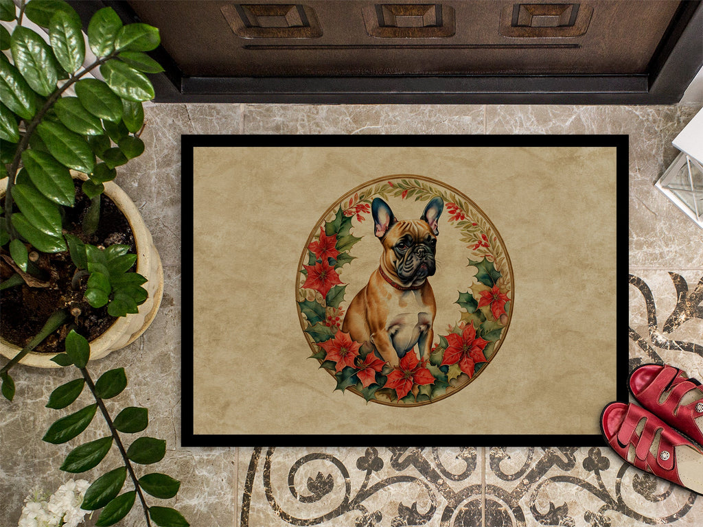 French Bulldog Christmas Flowers Doormat Indoor Outdoor 18H X 27W Front Door Mat Rugs for Entryway, Non Slip Washable