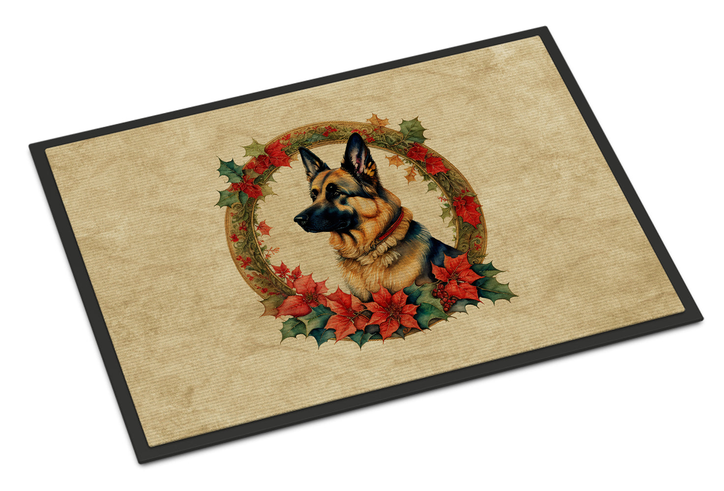 German Shepherd Christmas Flowers Doormat Indoor Outdoor 24H X 36W Front Door Mat Rugs for Entryway, Non Slip Washable Low Pile,