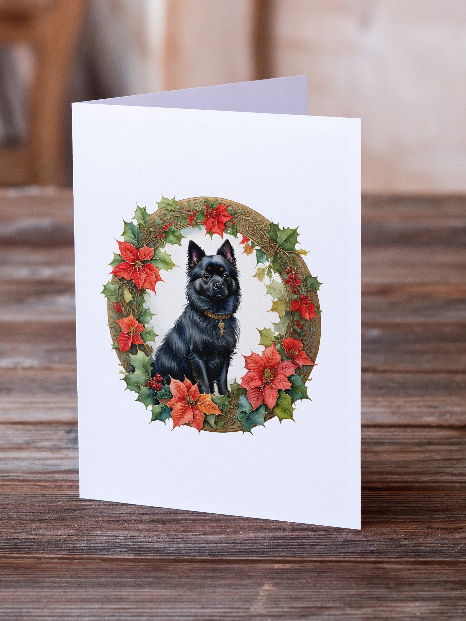 German Spitz Christmas Flowers Greeting Cards Pack of 8 Blank Cards with Envelopes Whimsical A7 Size 5x7