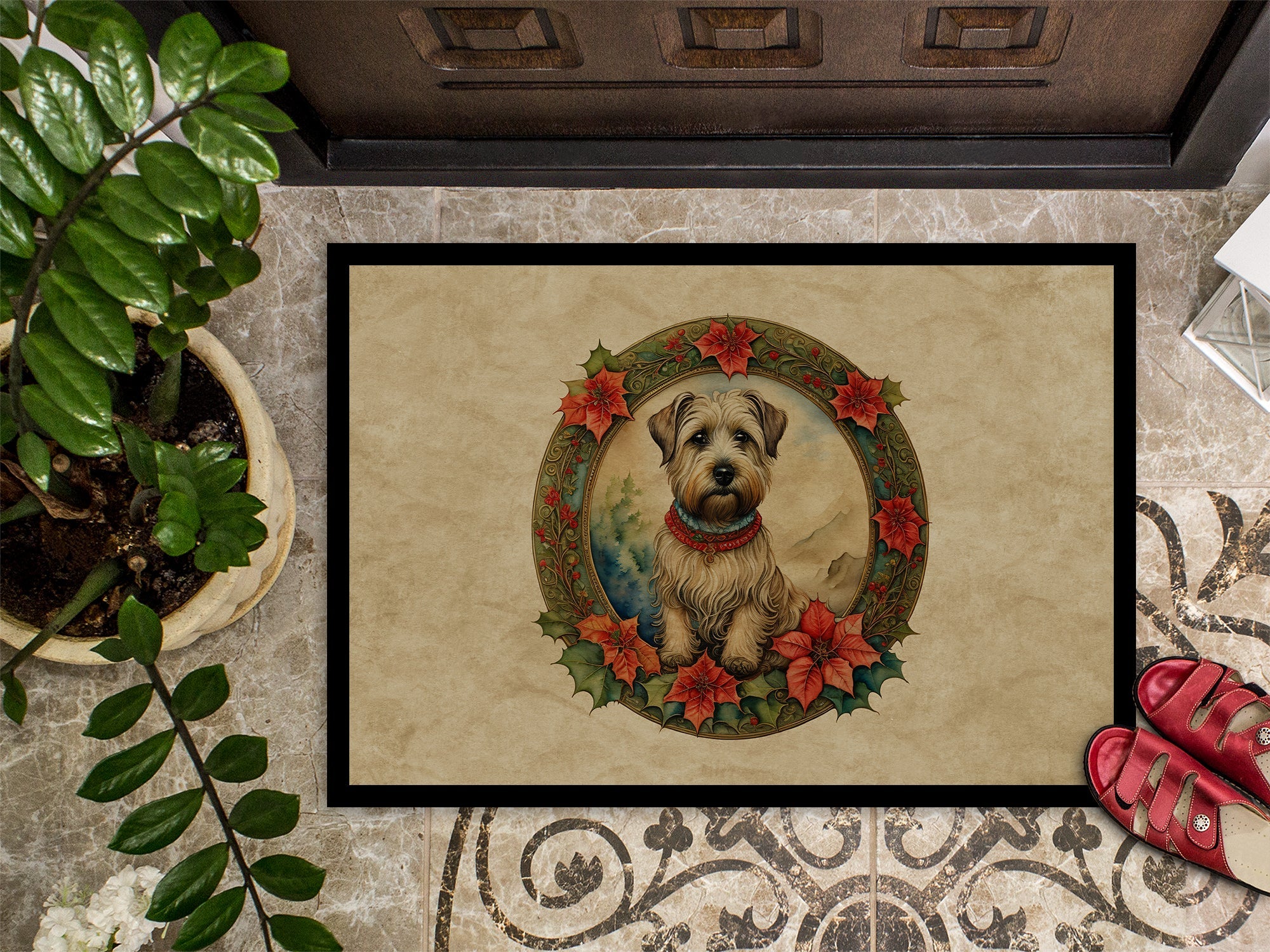 Glen of Imaal Terrier Christmas Flowers Doormat Indoor Outdoor 18H X 27W Front Door Mat Rugs for Entryway, Non Slip Washable