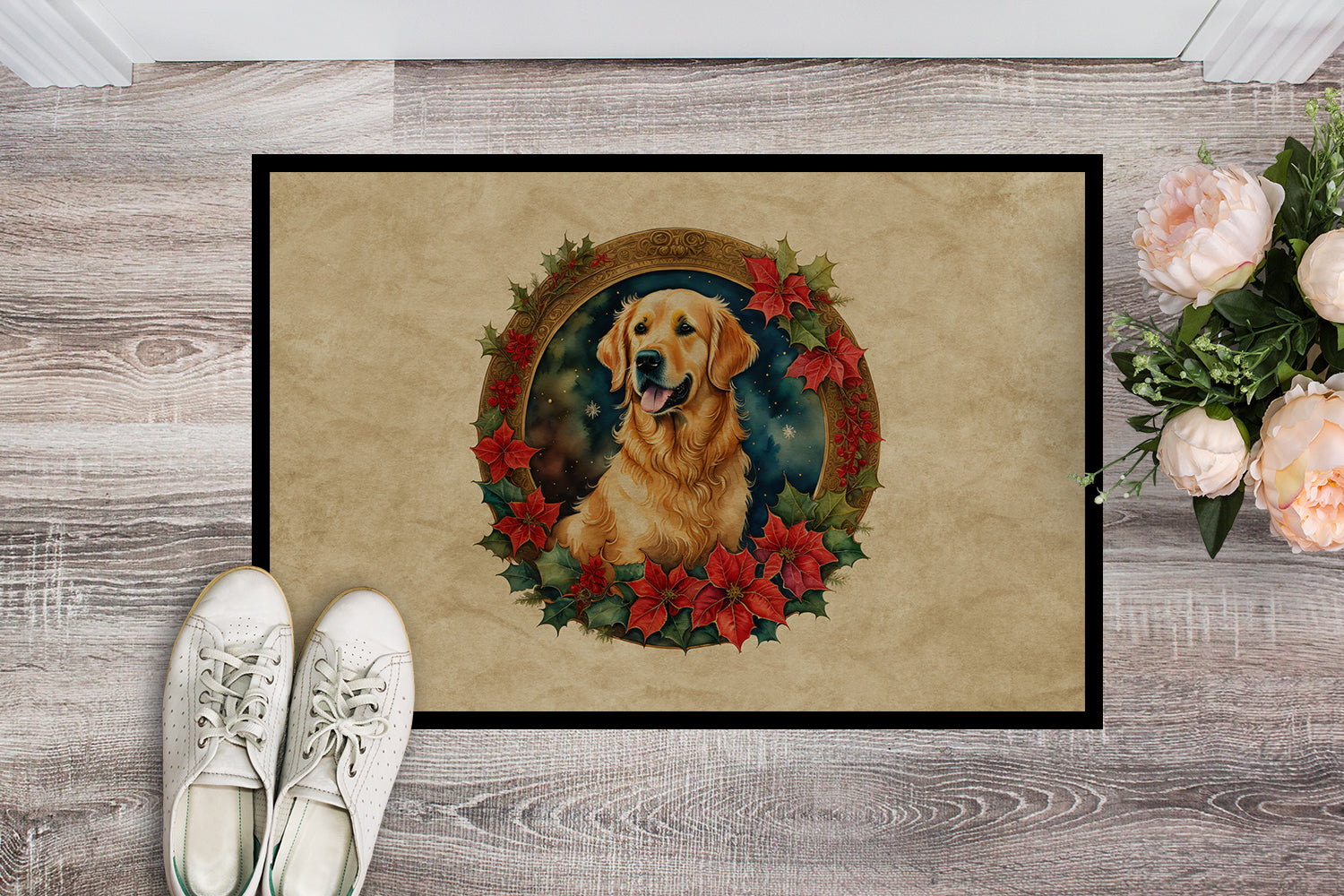 Golden Retriever Christmas Flowers Doormat Indoor Outdoor 18H X 27W Front Door Mat Rugs for Entryway, Non Slip Washable