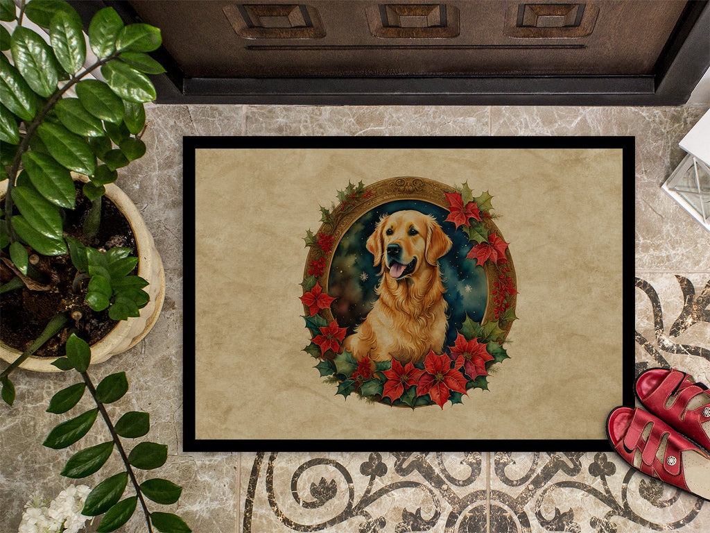 Golden Retriever Christmas Flowers Doormat Indoor Outdoor 18H X 27W Front Door Mat Rugs for Entryway, Non Slip Washable