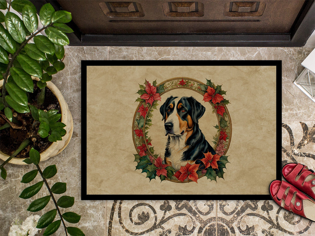Greater Swiss Mountain Dog Christmas Flowers Doormat Indoor Outdoor 18H X 27W Front Door Mat Rugs for Entryway, Non Slip Washable