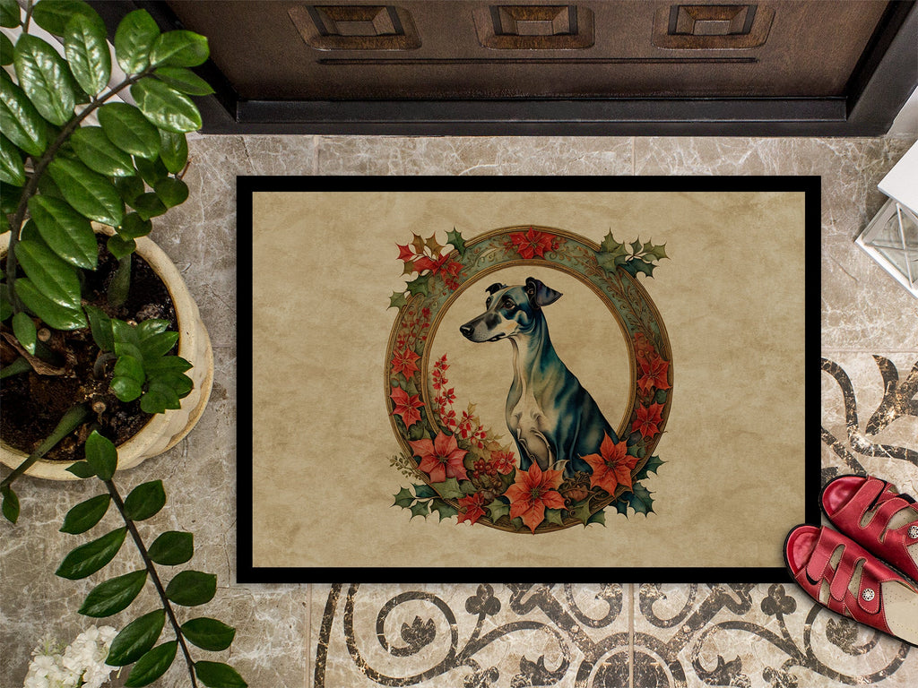Greyhound Christmas Flowers Doormat Indoor Outdoor 18H X 27W Front Door Mat Rugs for Entryway, Non Slip Washable
