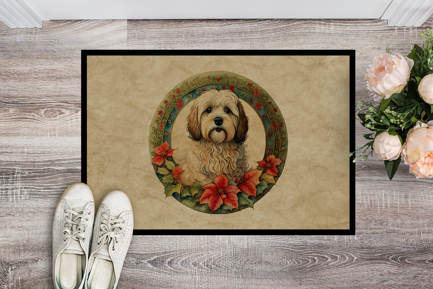 Havanese Christmas Flowers Doormat Indoor Outdoor 24H X 36W Front Door Mat Rugs for Entryway, Non Slip Washable Low Pile,