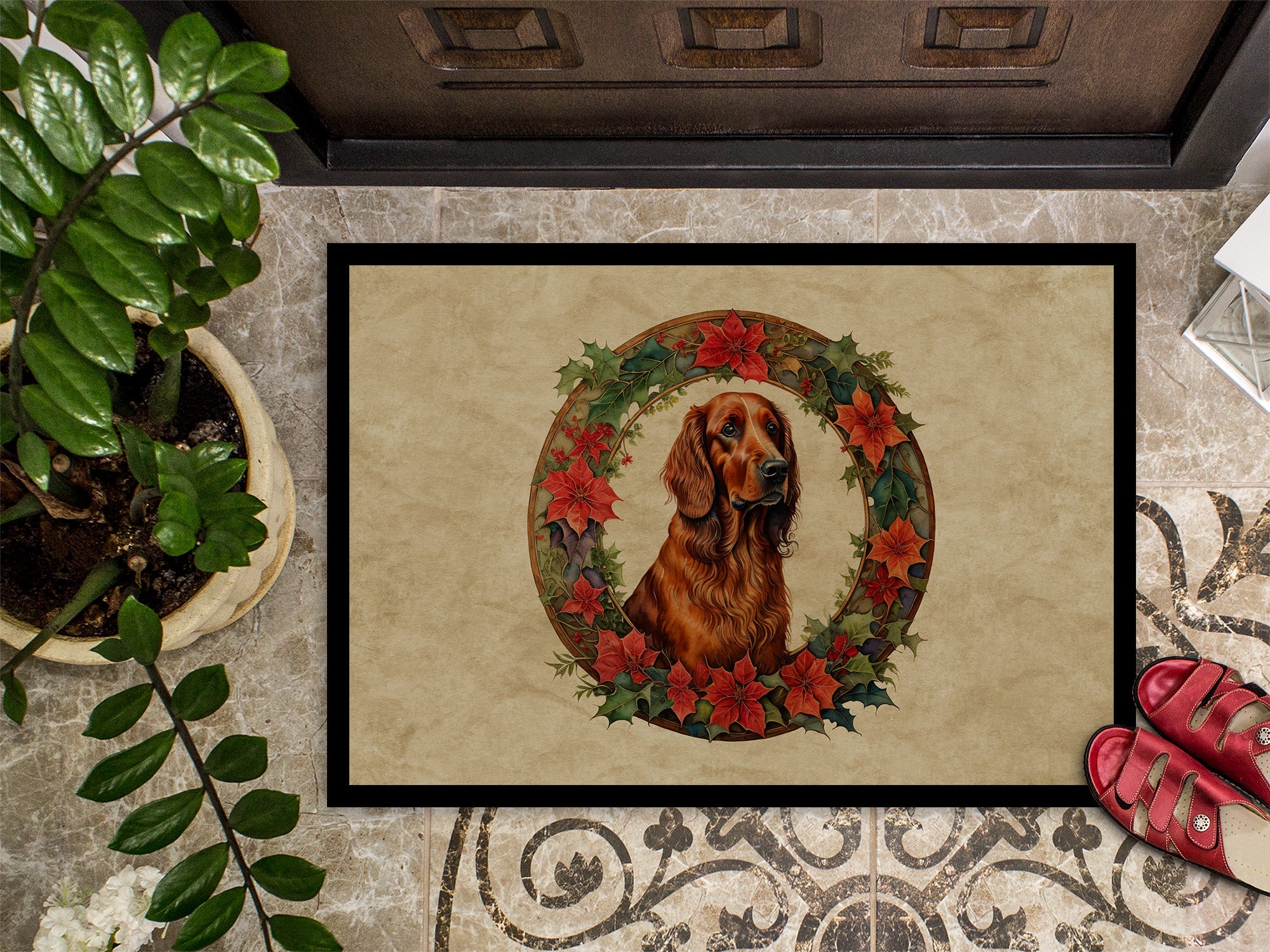 Irish Setter Christmas Flowers Doormat Indoor Outdoor 24H X 36W Front Door Mat Rugs for Entryway, Non Slip Washable Low Pile,
