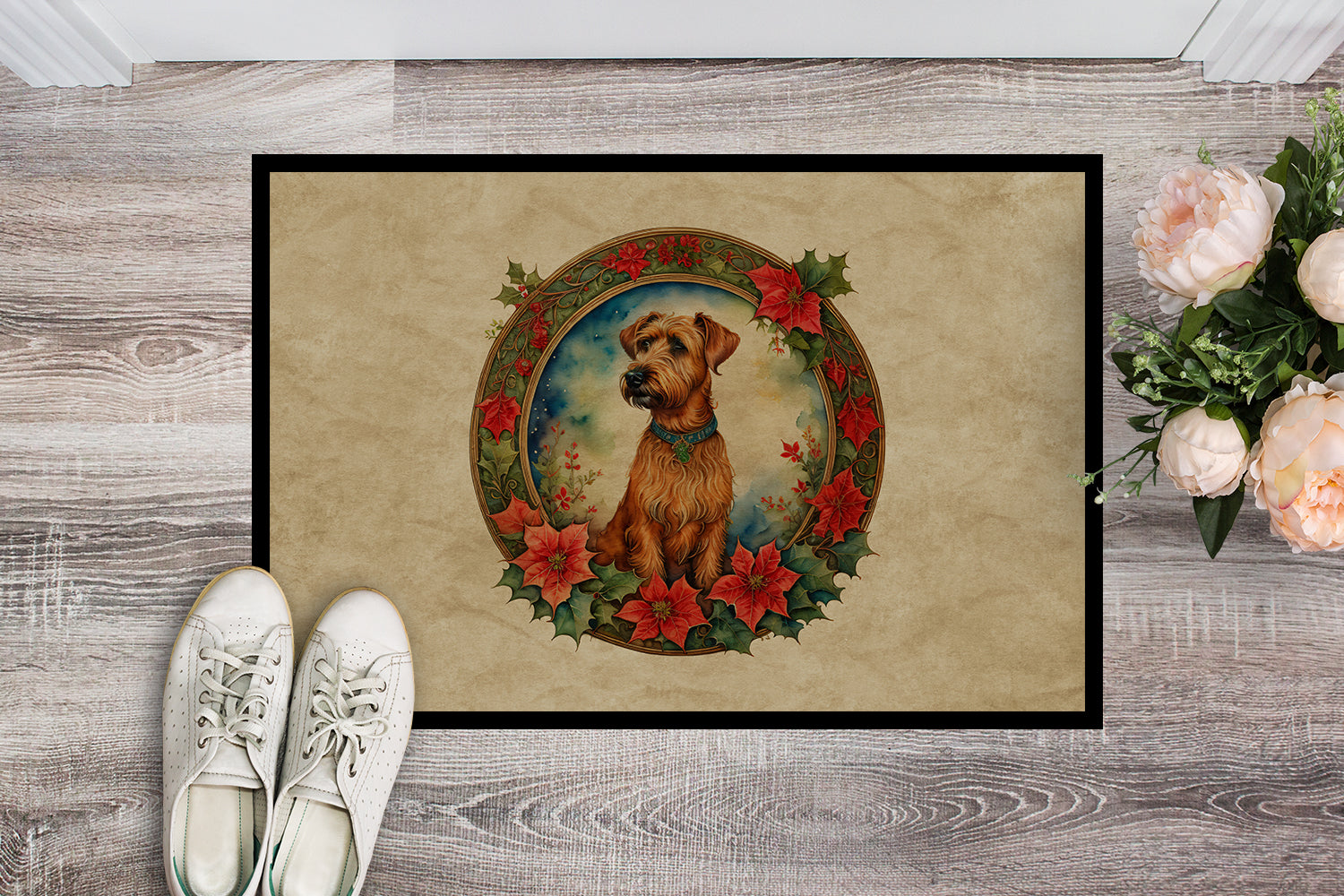 Irish Terrier Christmas Flowers Doormat Indoor Outdoor 18H X 27W Front Door Mat Rugs for Entryway, Non Slip Washable