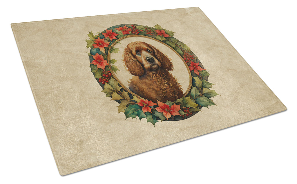 Irish Water Spaniel Christmas Flowers Cutting Board Tempered Glass Kitchen Cutting Surface, Heat Resistant Chopping, Non-Slip Feet, Food Prep & Serving