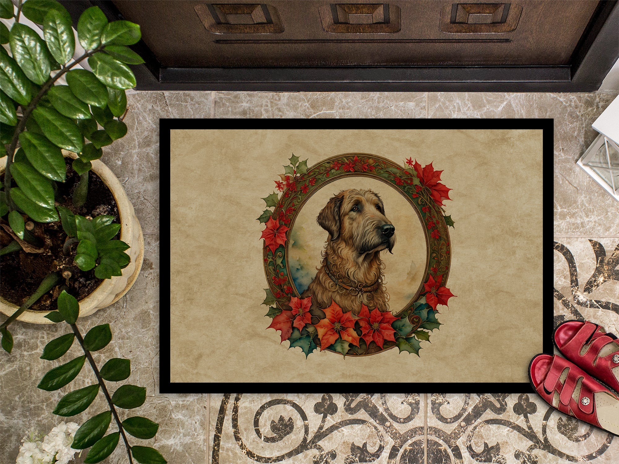 Irish Wolfhound Christmas Flowers Doormat Indoor Outdoor 24H X 36W Front Door Mat Rugs for Entryway, Non Slip Washable Low Pile,