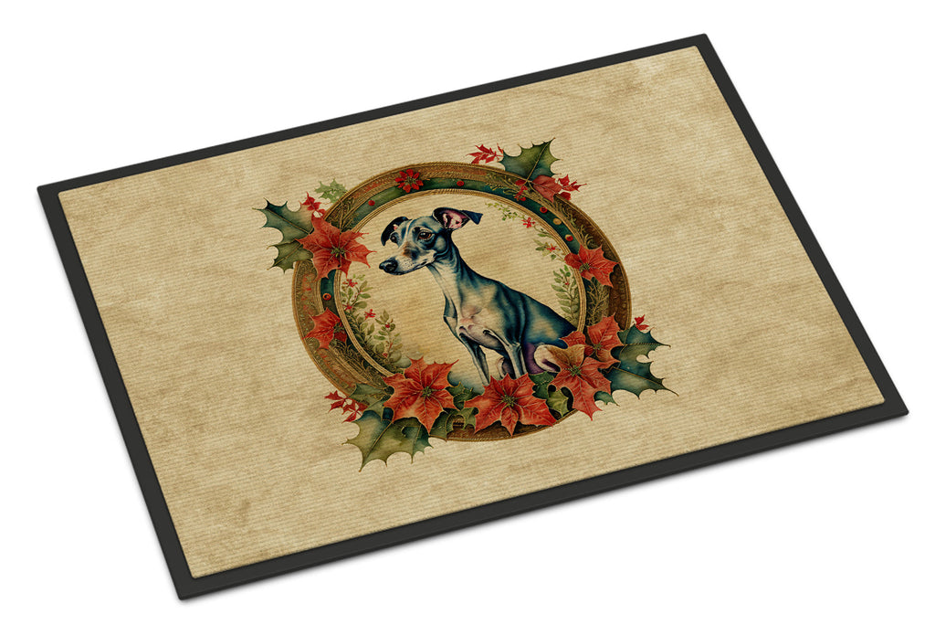 Italian Greyhound Christmas Flowers Doormat Indoor Outdoor 18H X 27W Front Door Mat Rugs for Entryway, Non Slip Washable