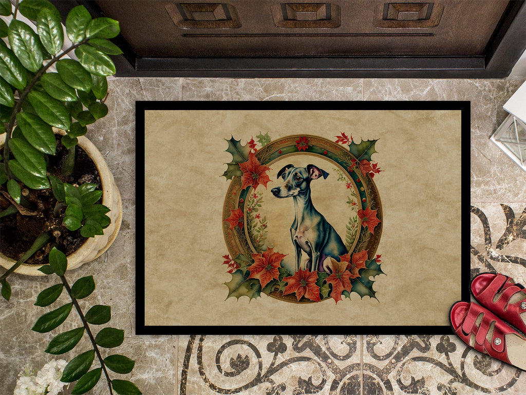 Italian Greyhound Christmas Flowers Doormat Indoor Outdoor 18H X 27W Front Door Mat Rugs for Entryway, Non Slip Washable