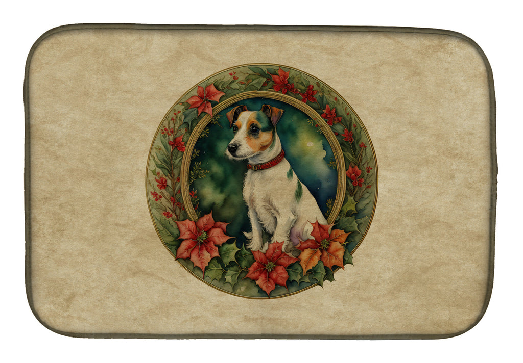 Jack Russell Terrier Christmas Flowers Dish Drying Mat Absorbent Dish Drying Mat Pad for Kitchen Counter Dish Drainer Mat for Countertop, 14 x 21", Multicolor